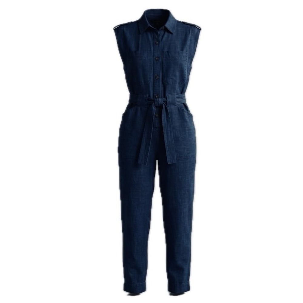 Banana Republic Linen Denim Jump Suit M Dark Blue Belted Crop Utility Flight 80s